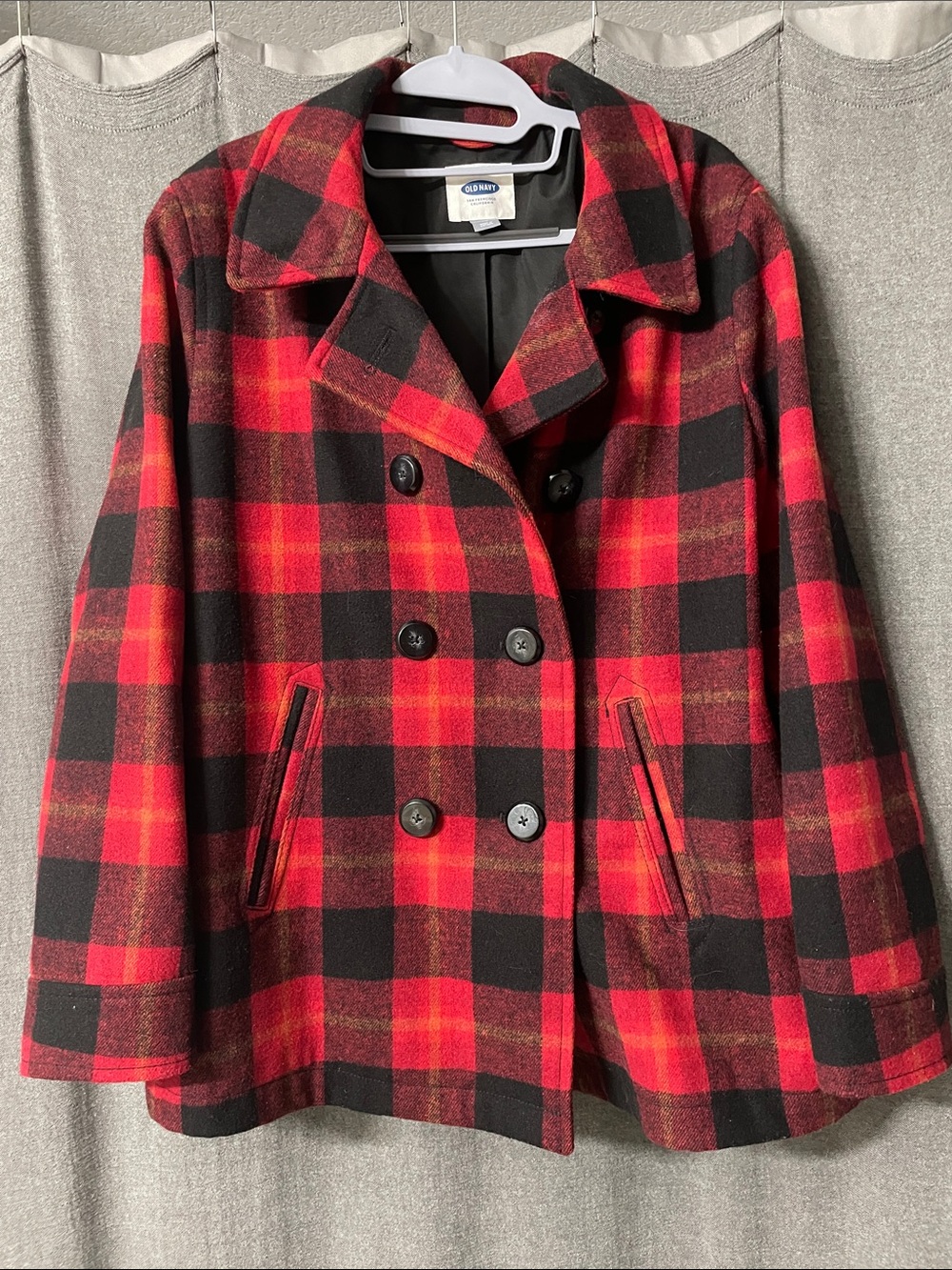 Old Navy Red and Black Plaid Double-Breasted Peacoat